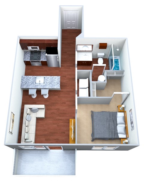 a floor plan of a one bedroom apartment with a bathroom and a balcony